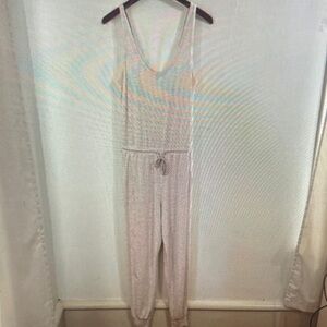 Women's Light Beige Knit Jumpsuit with Drawstring Waist